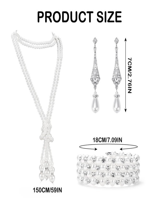GHGMAO 1920s Pearl Jewelry Set Include Long Pearl Necklace and Earring Set Multilayer Pearl Bracelet Flapper Accessories for Women (Delicate) - Image 3